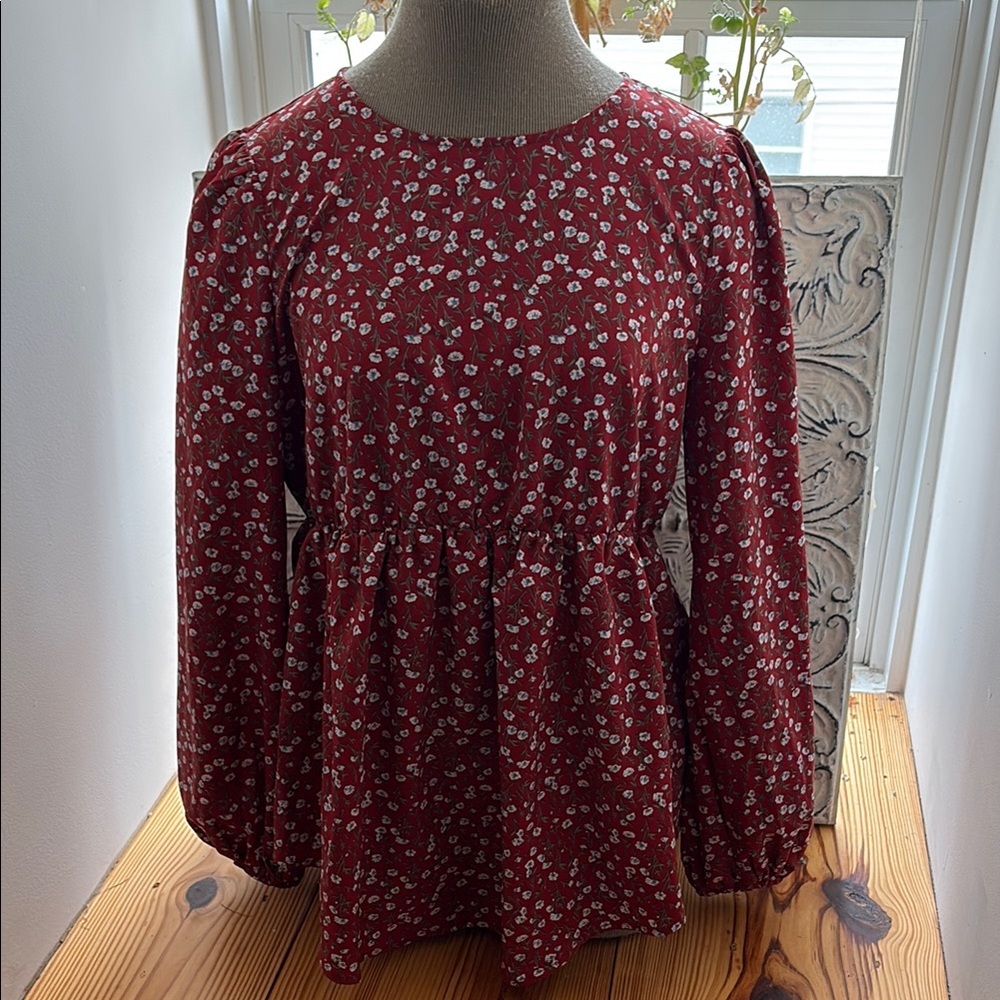 Floral Red Women's Peplum Long Sleeve Top